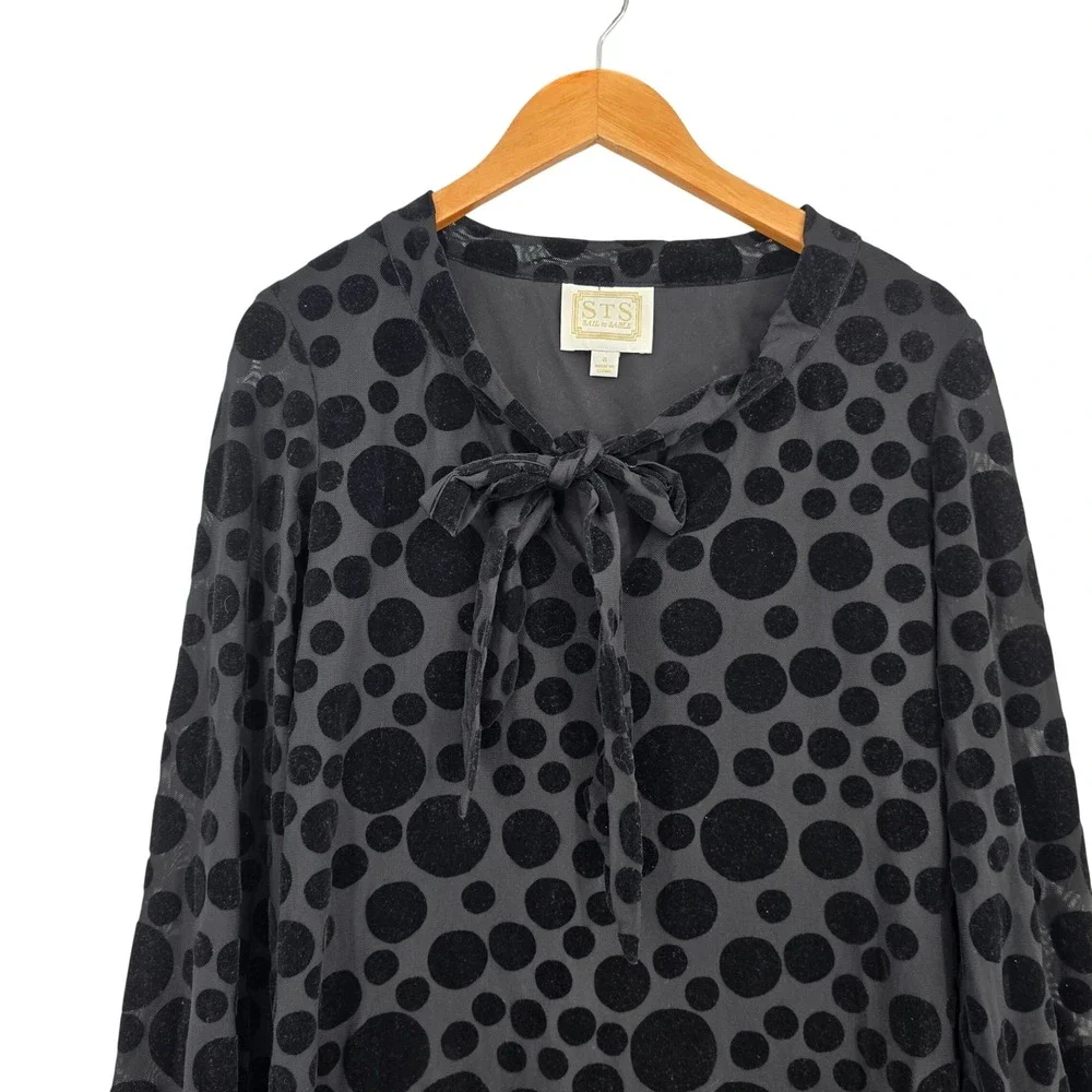 Sail to Sable STS Womens Black Polka Dot Burnout Velvet Tie Neck Shift Dress‎ 8